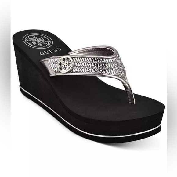 Guess Shoes - NEW in Box GUESS Women's Black and Silver Wedge Sandals Size 9